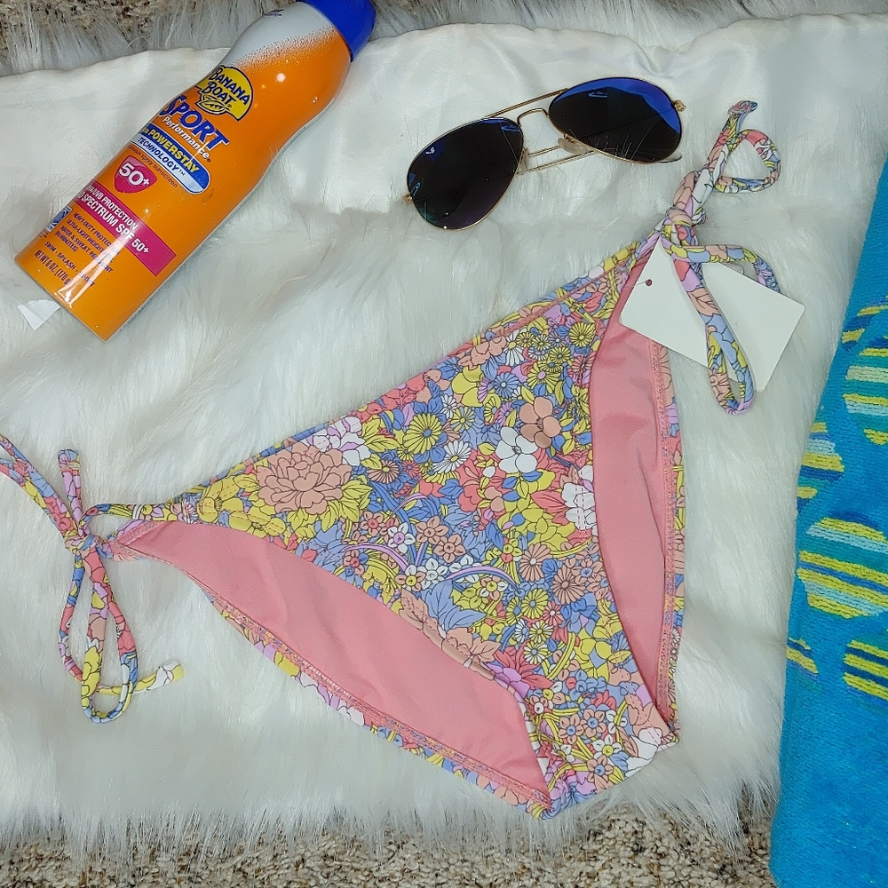 BP PINK SHELL GARDEN FLORAL SIDE TIE BIKINI BOTTOM XS